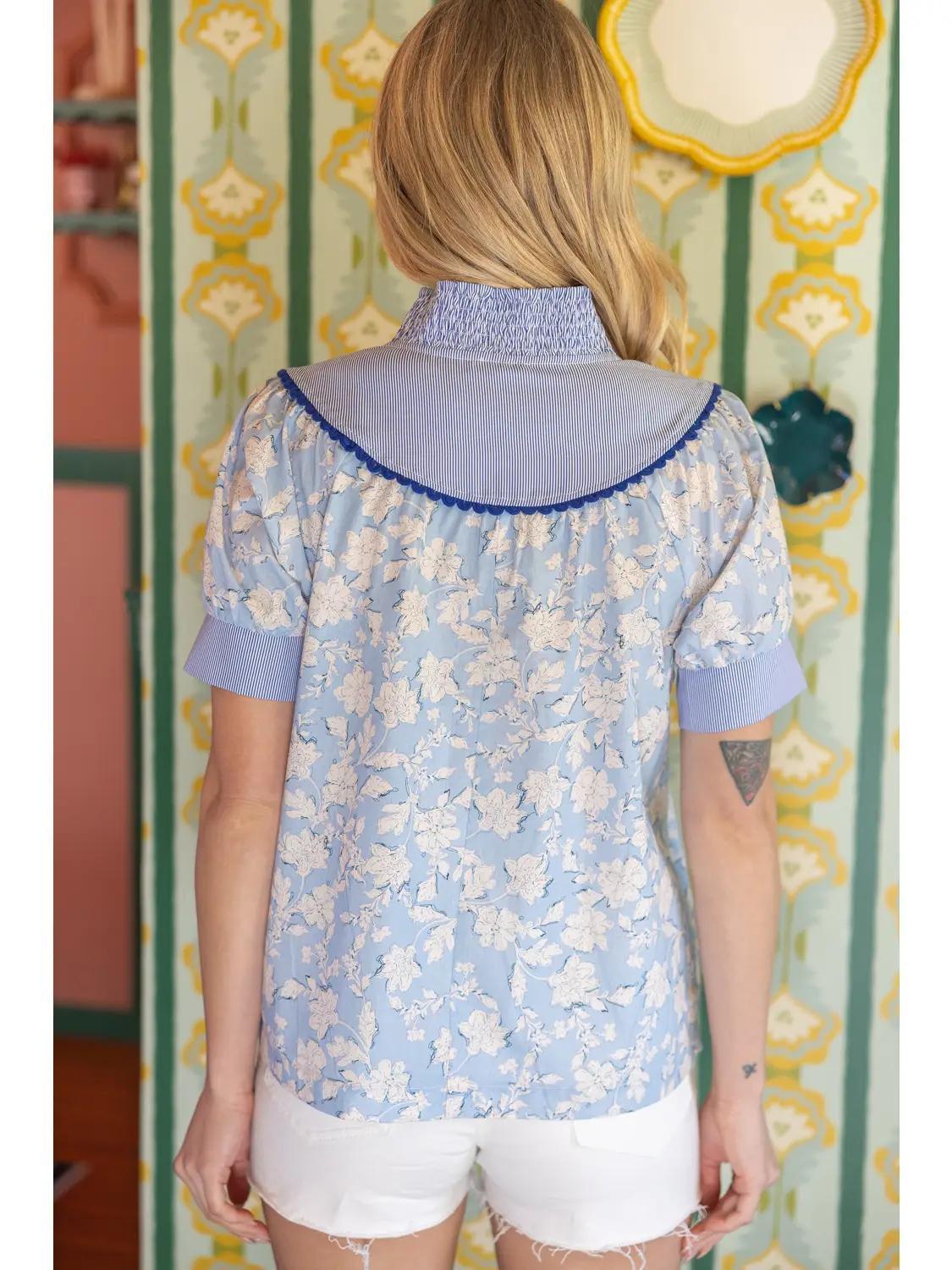 Striped Round Yoke Smocked V-Neck Floral Top