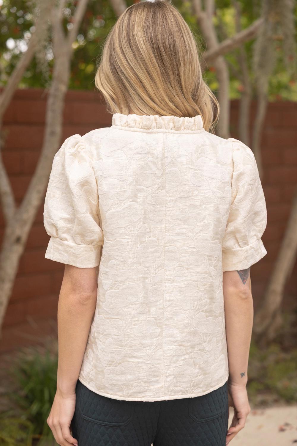 Ruffled V-Neckline Textured Floral Burn Out Top