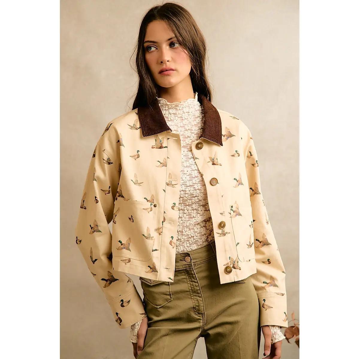 Mallard Duck Print Corduroy Collar Jacket