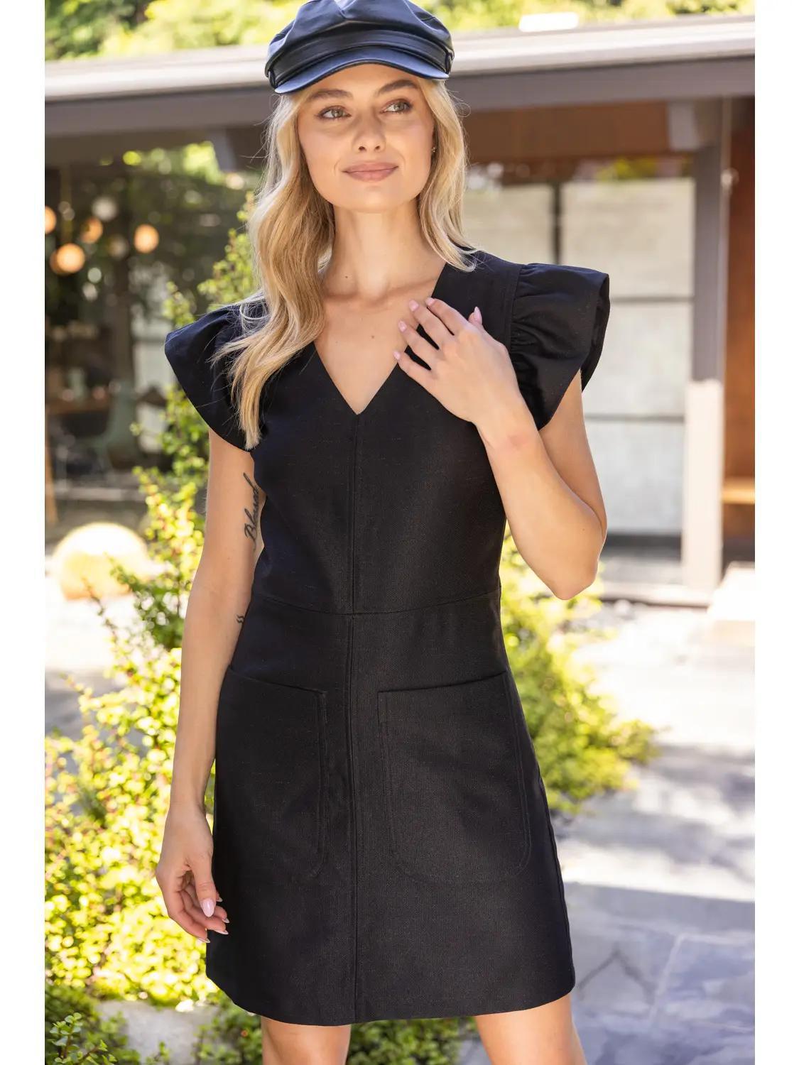 Ruffle Cap Sleeve Front Pocket Mini Dress