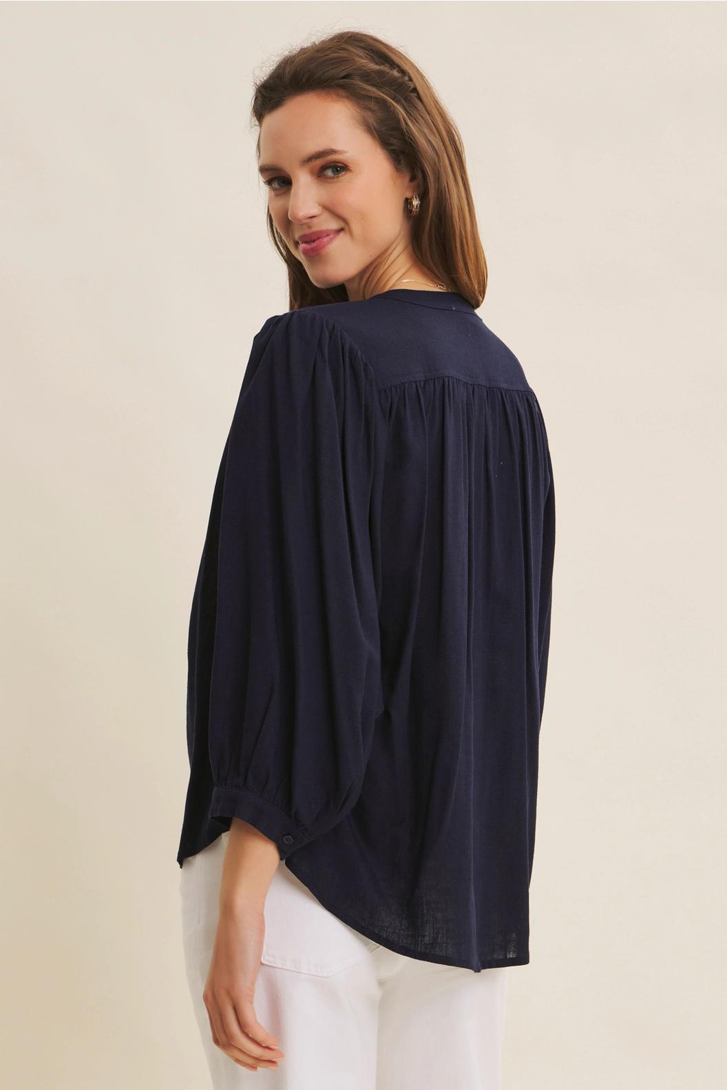 Navy Linen Blend Oversized Button-Down Blouse