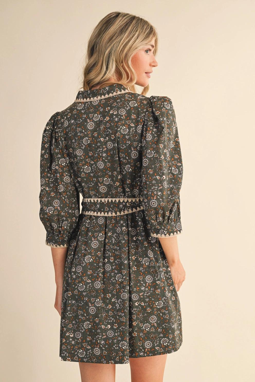 Blanket Stitch Puff Sleeve Floral Mini Dress