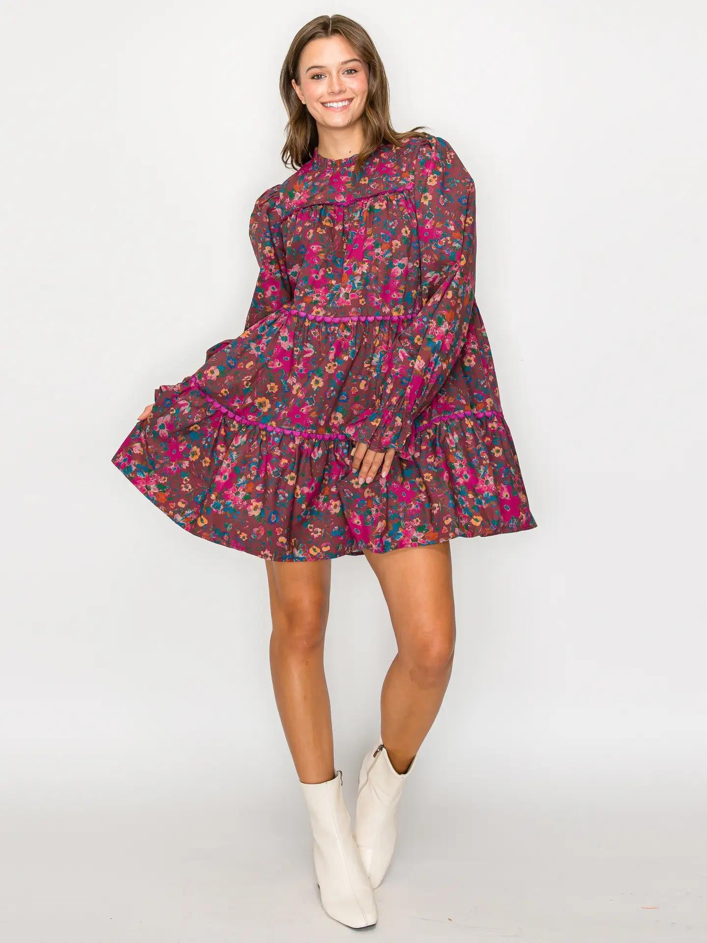 Full Bloom Wild Flower Print Cotton Mini Dress