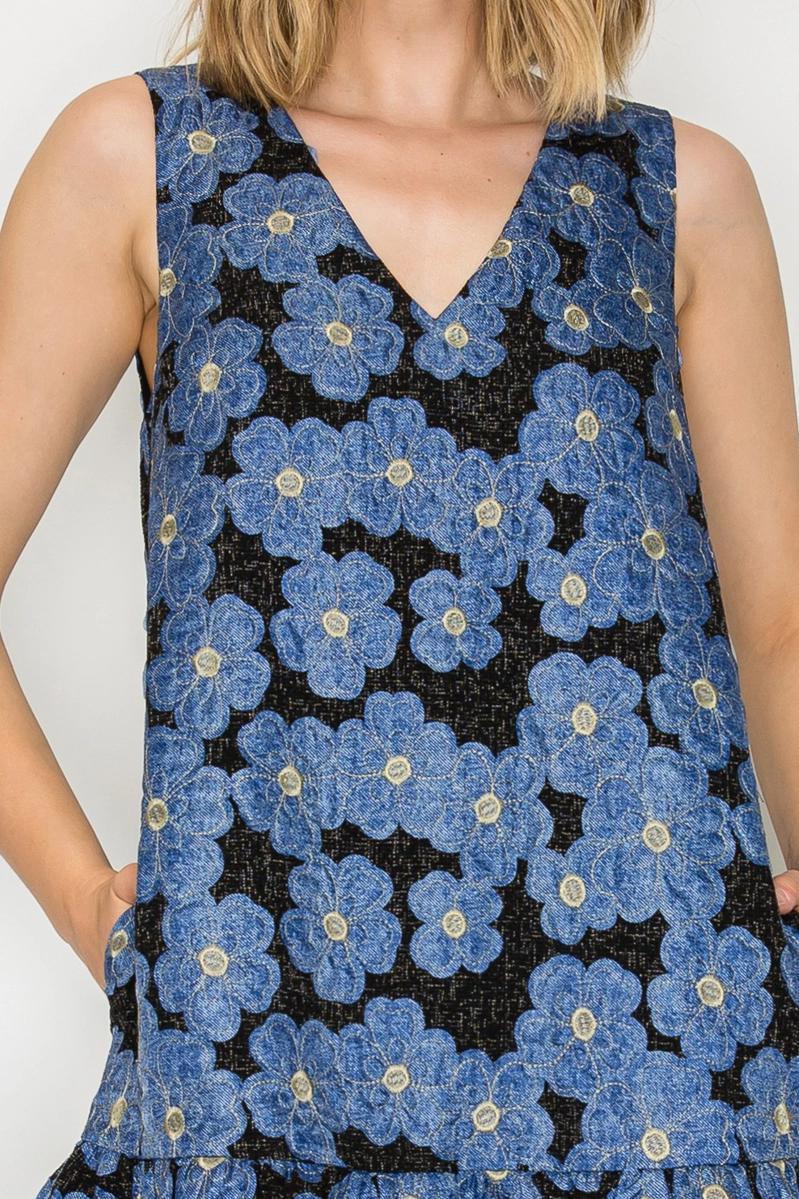 Denim Flower Jacquard Mini Dress with Flower patch