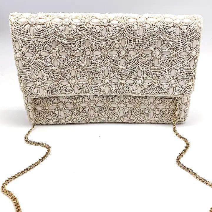 Cream Floral Beaded Clutch