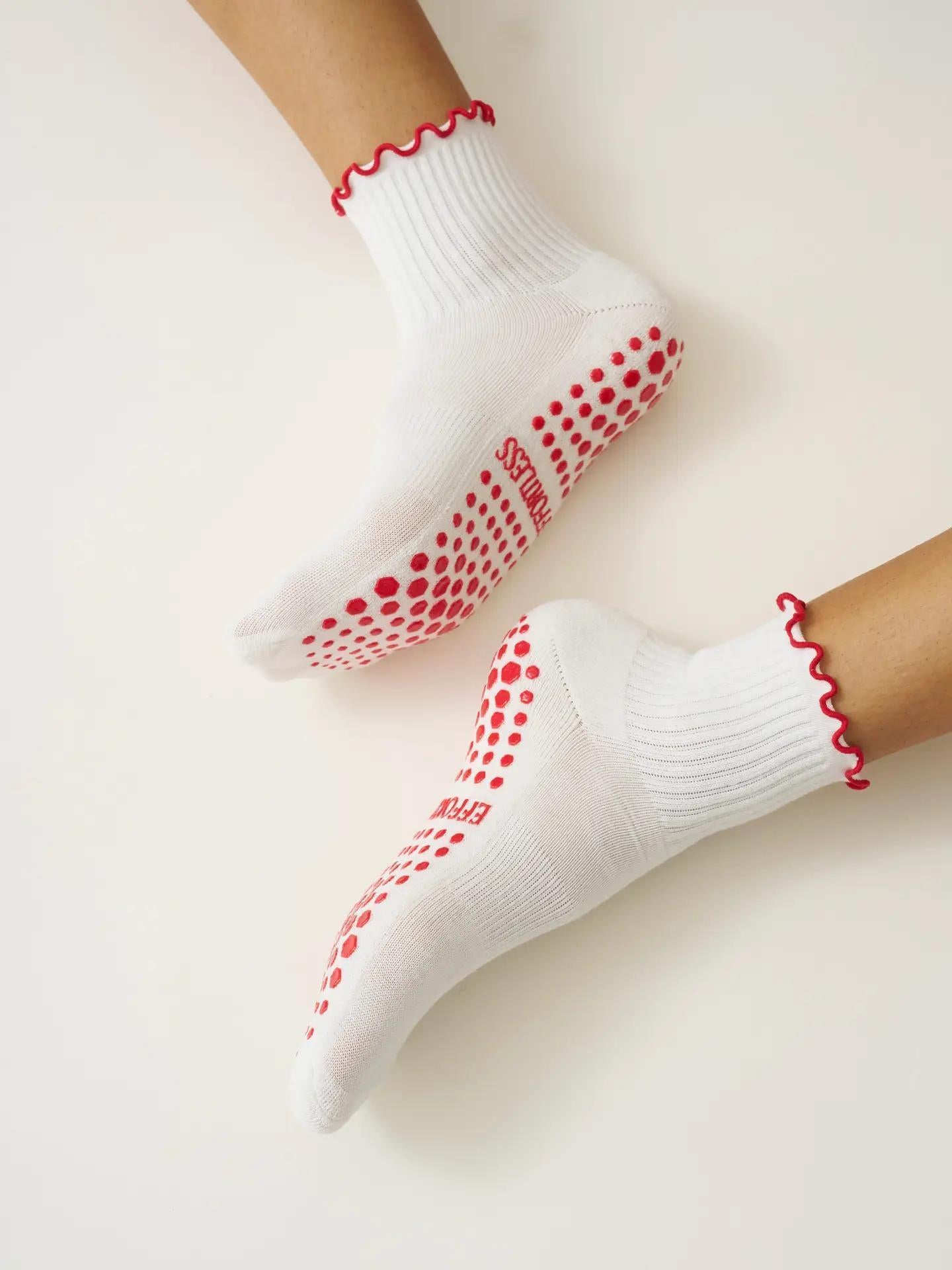 Embroidery Heart Duo Ruffle Grip Sock, Pilates Socks