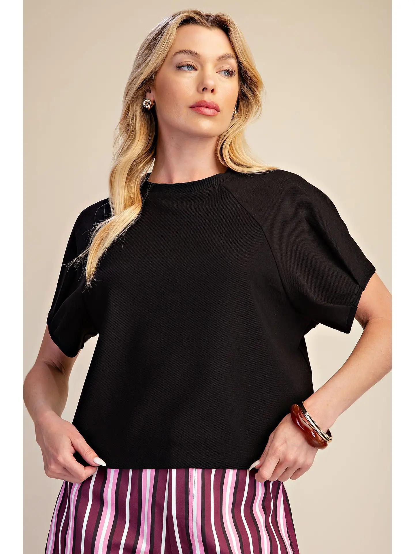 Round Neck Puff Short Sleeve Pullover Top- Black