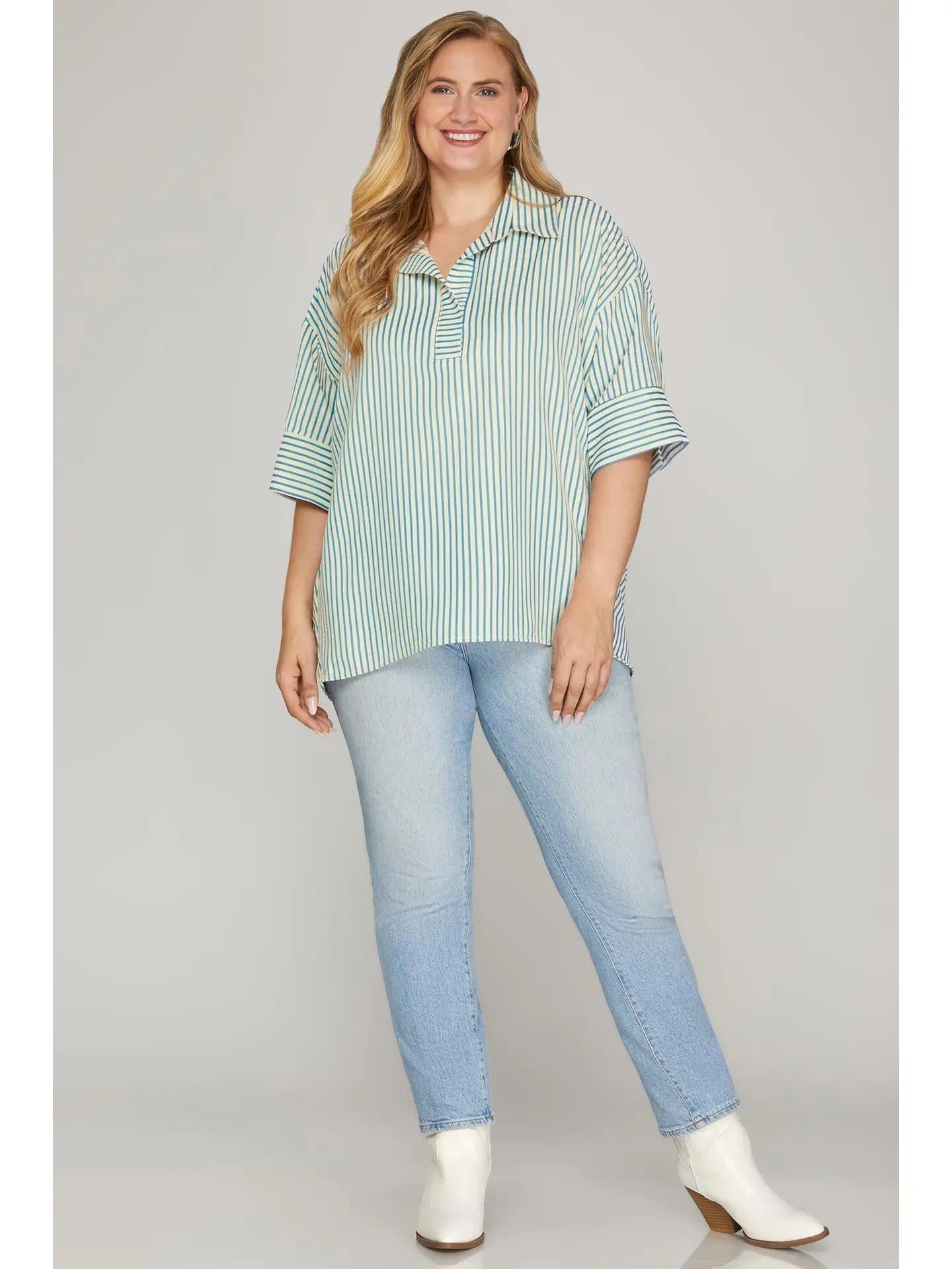 Blue Short Sleeve Oversized Striped Top