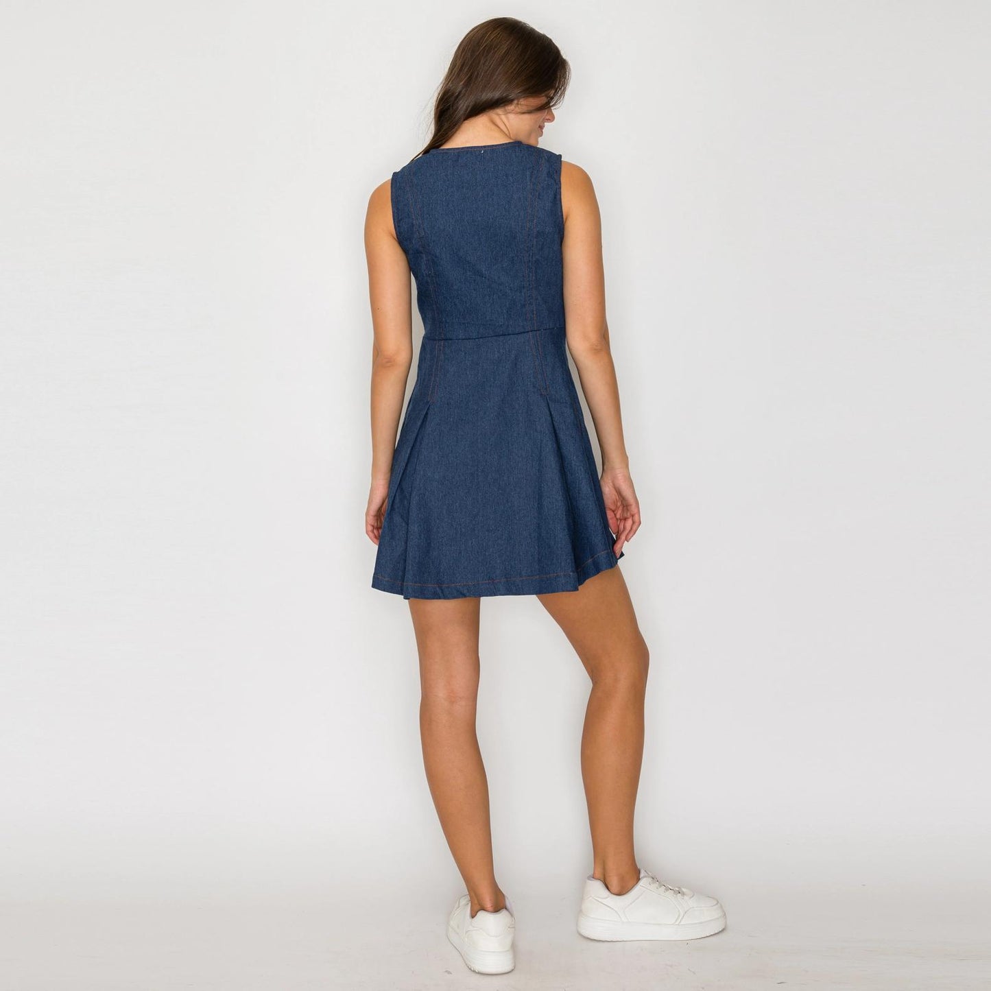 Denim Fit & Flare Mini Dress with Pearl Jewel Button