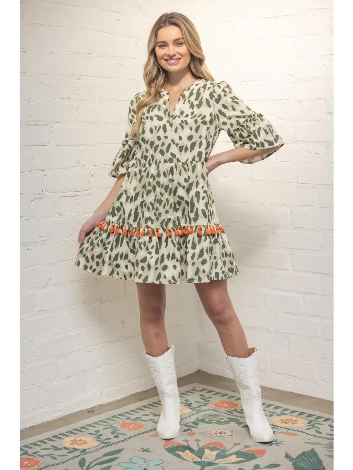 Tassle Trim Detailed Tiered Print Dress