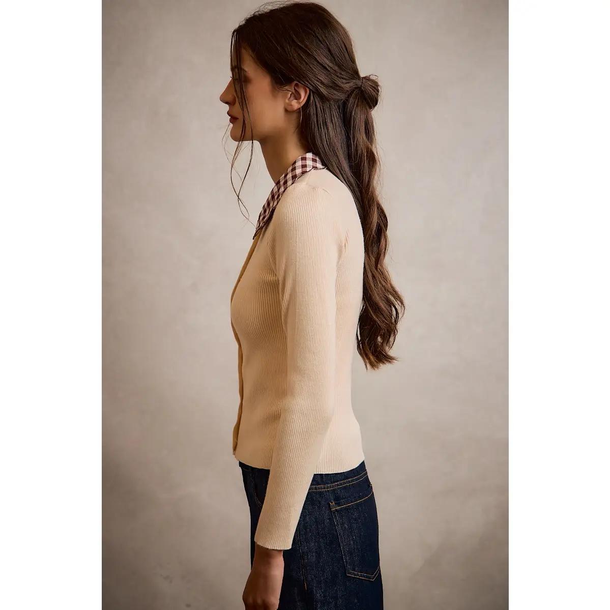 Scallop Edge Collared Button Down Knit Top