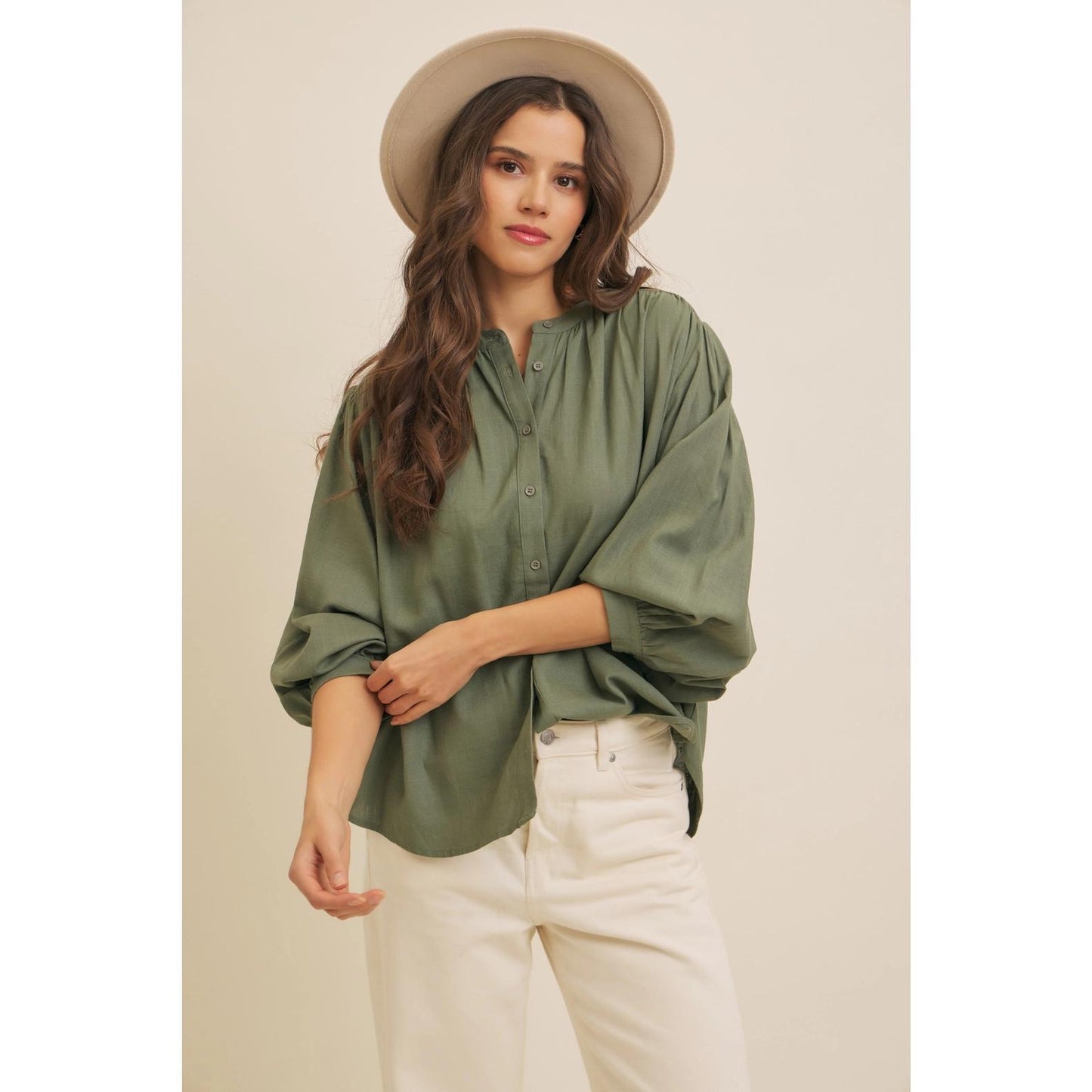 Olive Linen Blend Oversized Button-Down Blouse