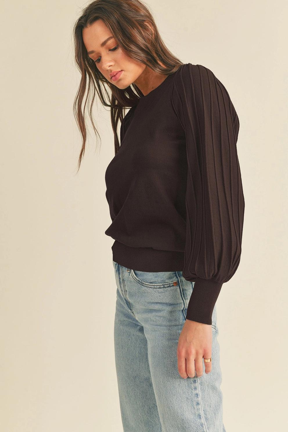 Stripe Texture Puff Sleeve Sweater (Chocolate)