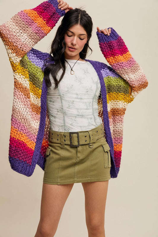 Rainbow Hand-Crochet Open Cardigan