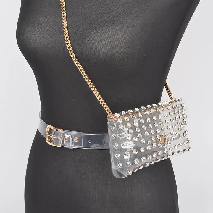 Rhinestone Clear Belt Bag W/Chain