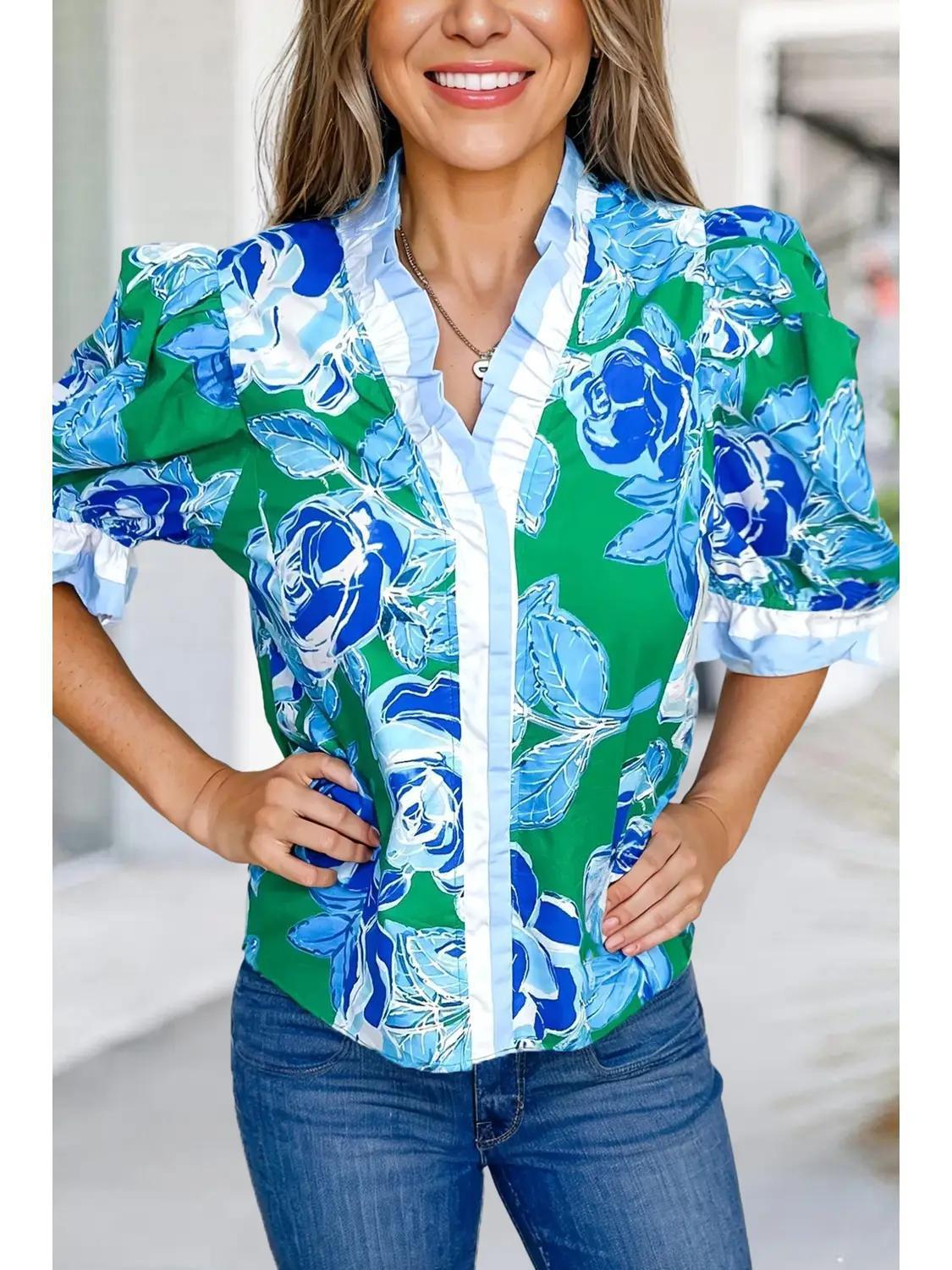 Colorblock Ruffle Floral Print Short Sleeve Top