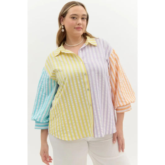Plus Colorblock Striped Collared Top