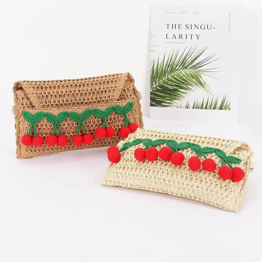 Faux Straw Cherry Clutch