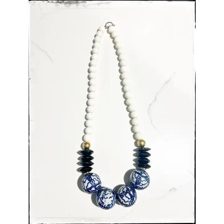 Wood, Glass Bone Bead Short Necklace Layering Chinoiserie