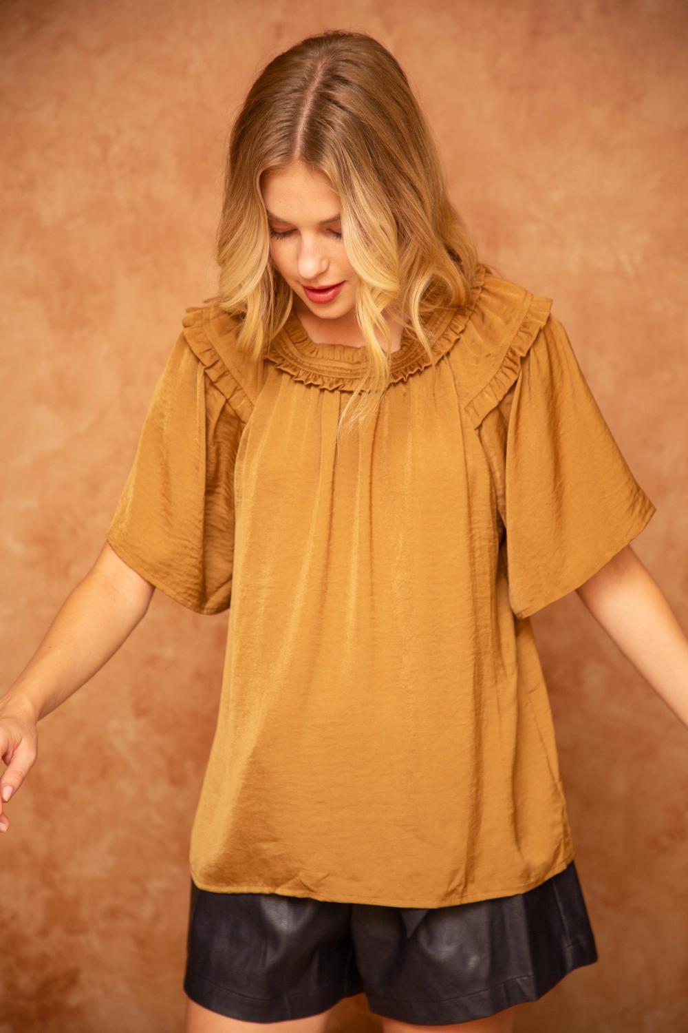 Ruffle Round Neck Dull Satin Top