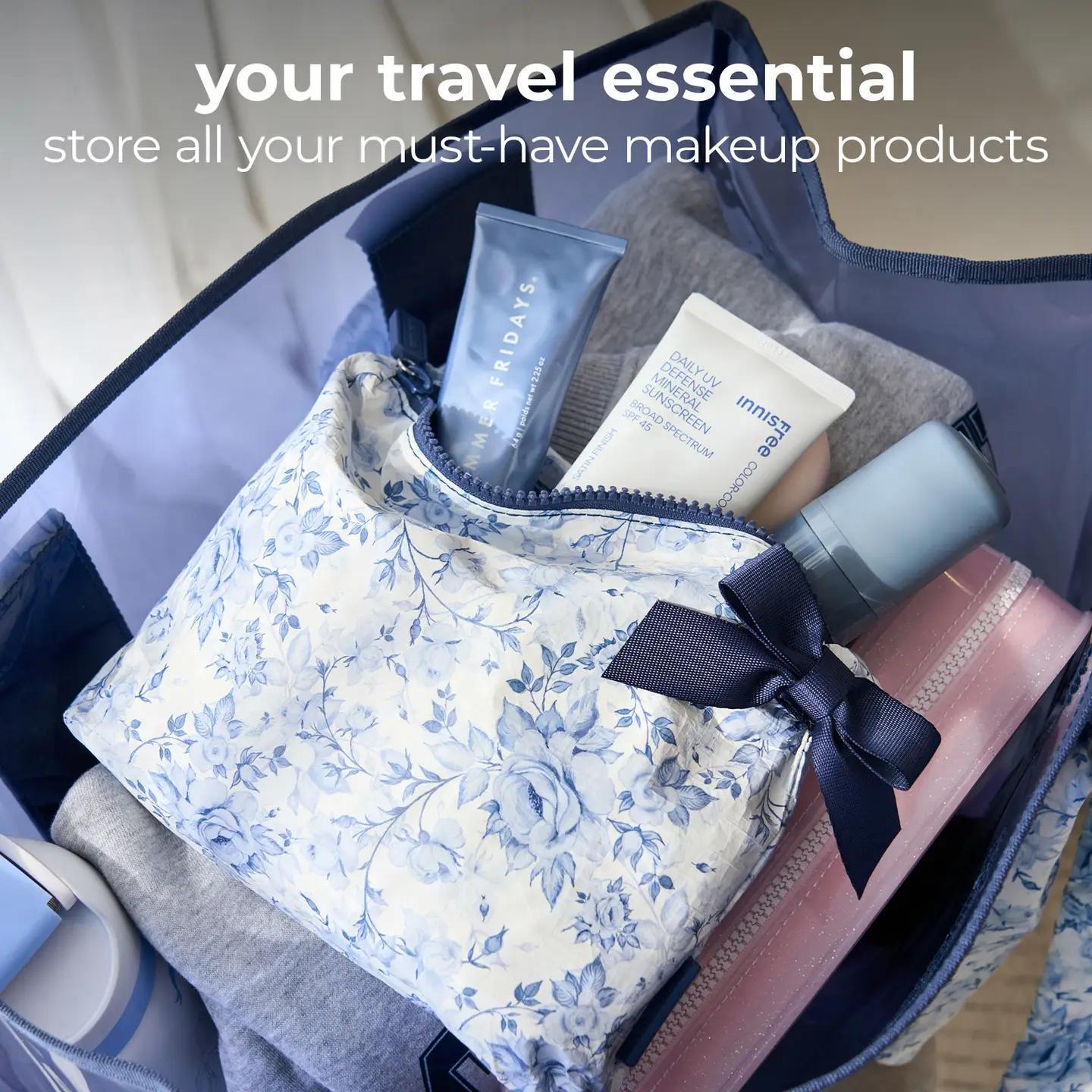 Bag holding multiple makeup products.