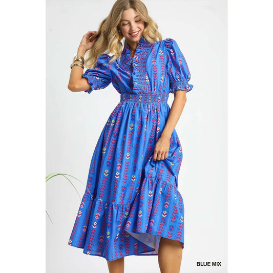 Print Puff Sleeves Ruffle Smocked Midi Dress