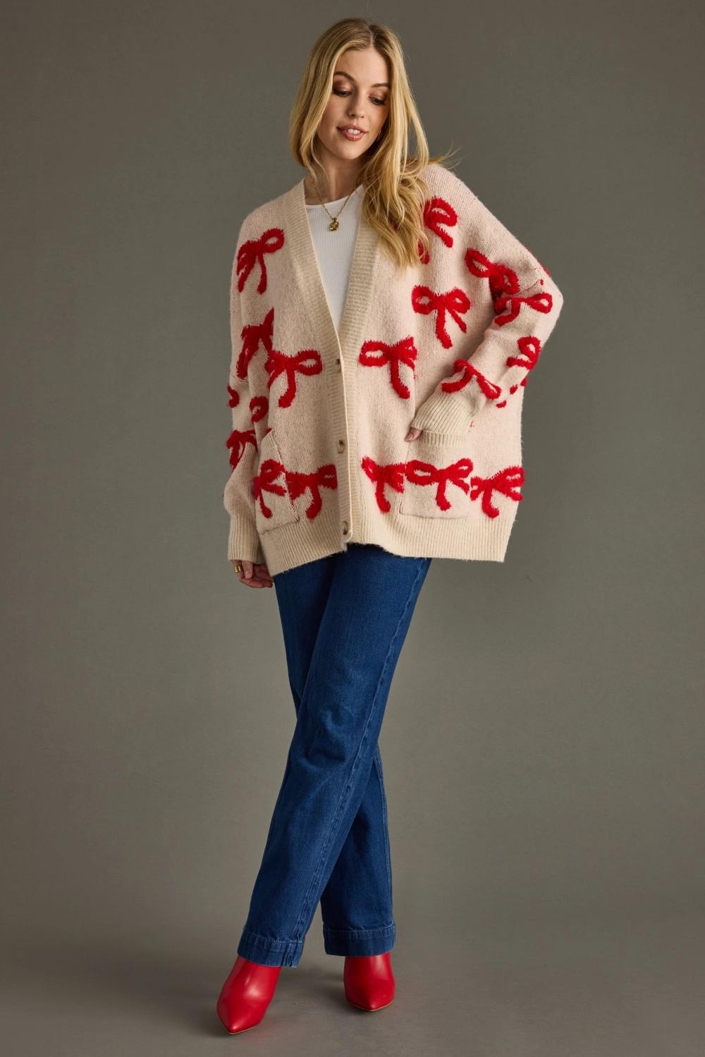 Tan & Red Bow Cardigan