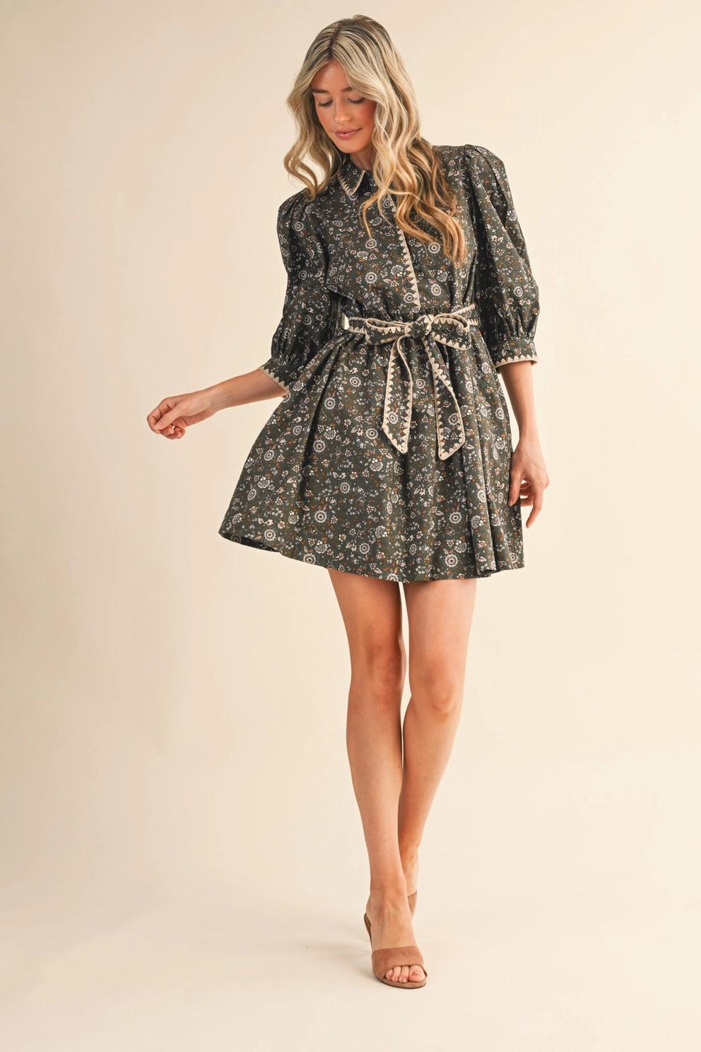 Blanket Stitch Puff Sleeve Floral Mini Dress