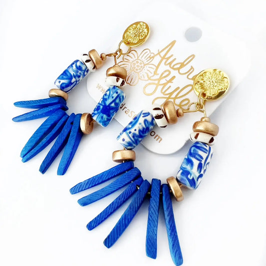 Beaded Teardrop Earring Blue and White Chinoiserie Statement Jewelry