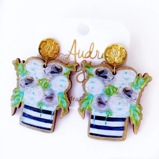 Black White Stripe Vase Bouquet Dangle Earring Flower