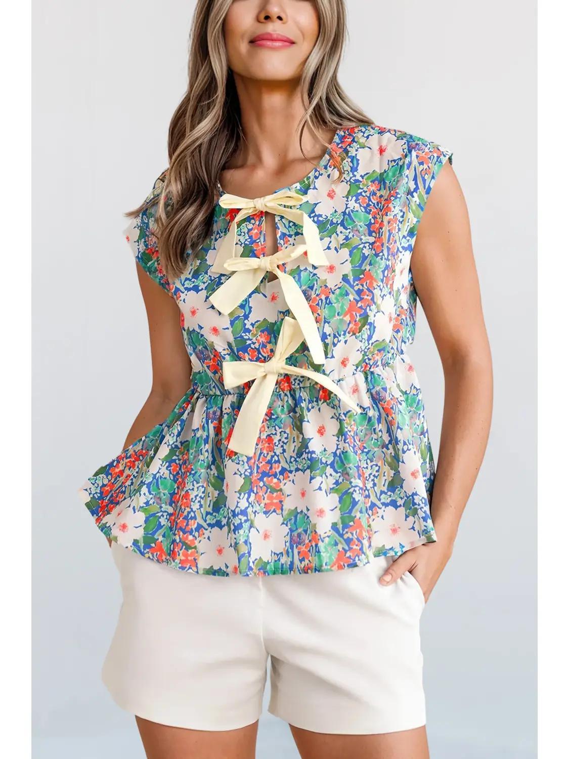 Floral Print Bow Applique Slit Peplum Blouse