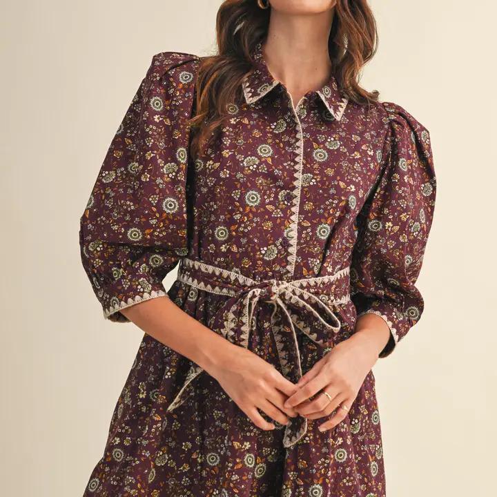 Blanket Stitch Puff Sleeve Floral Mini Dress Small