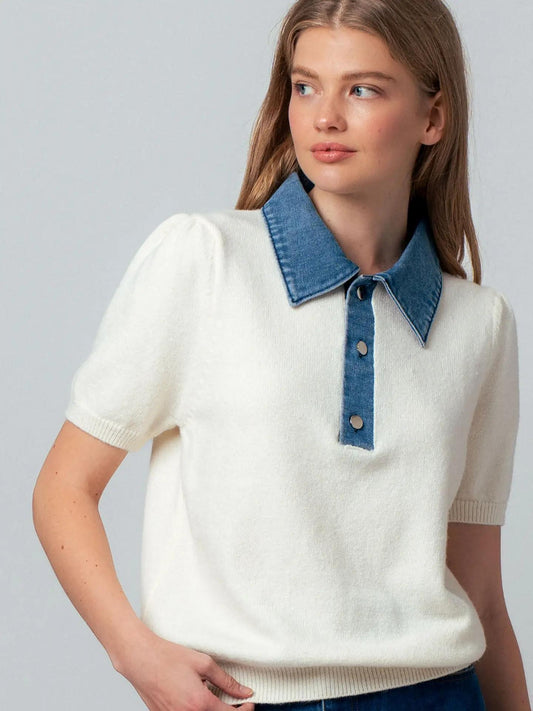 Contrast Denim Collar Knit Sweater Top- Ivory