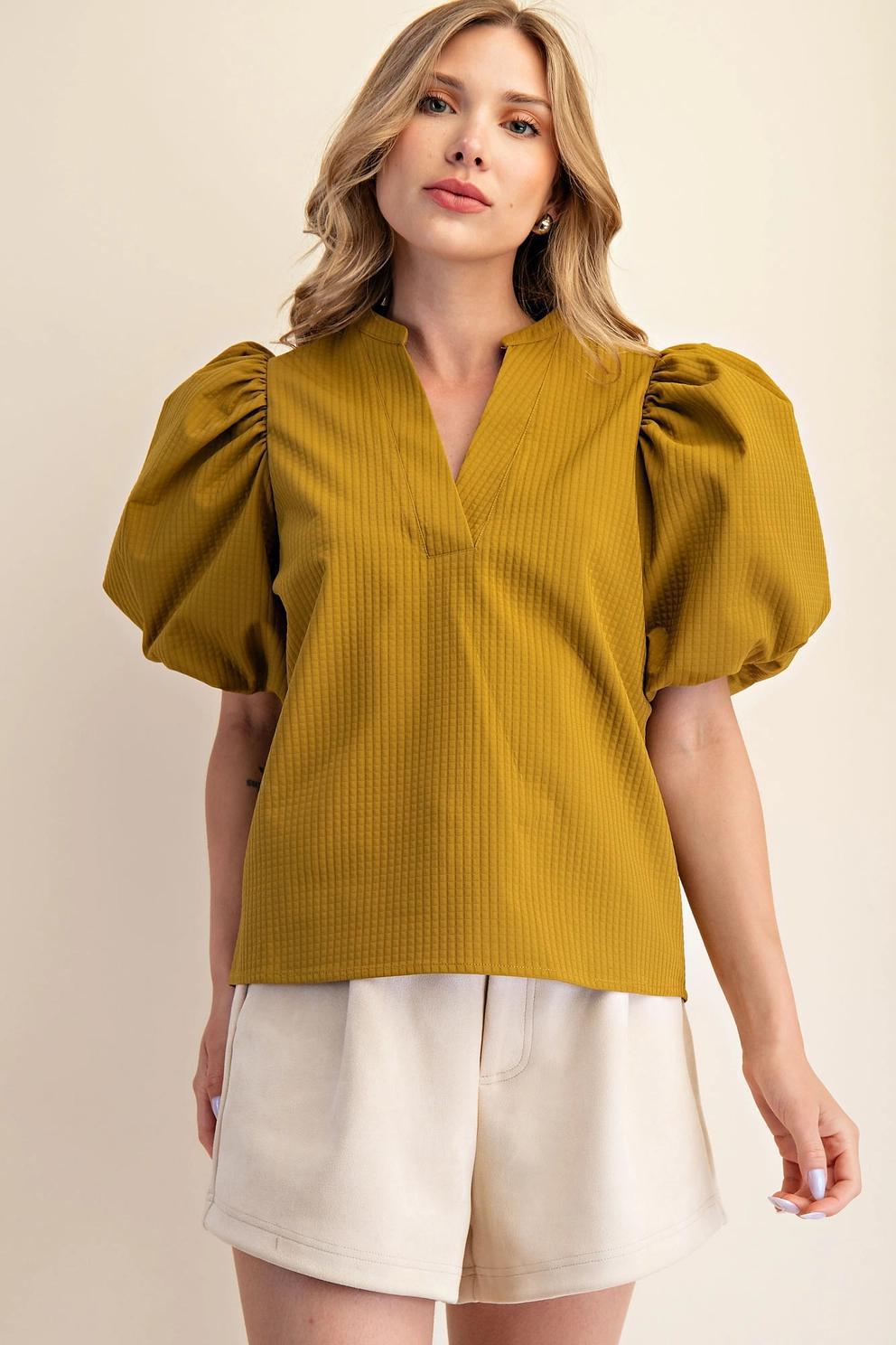 V-Neck Puff Sleeve Top (Mustard)