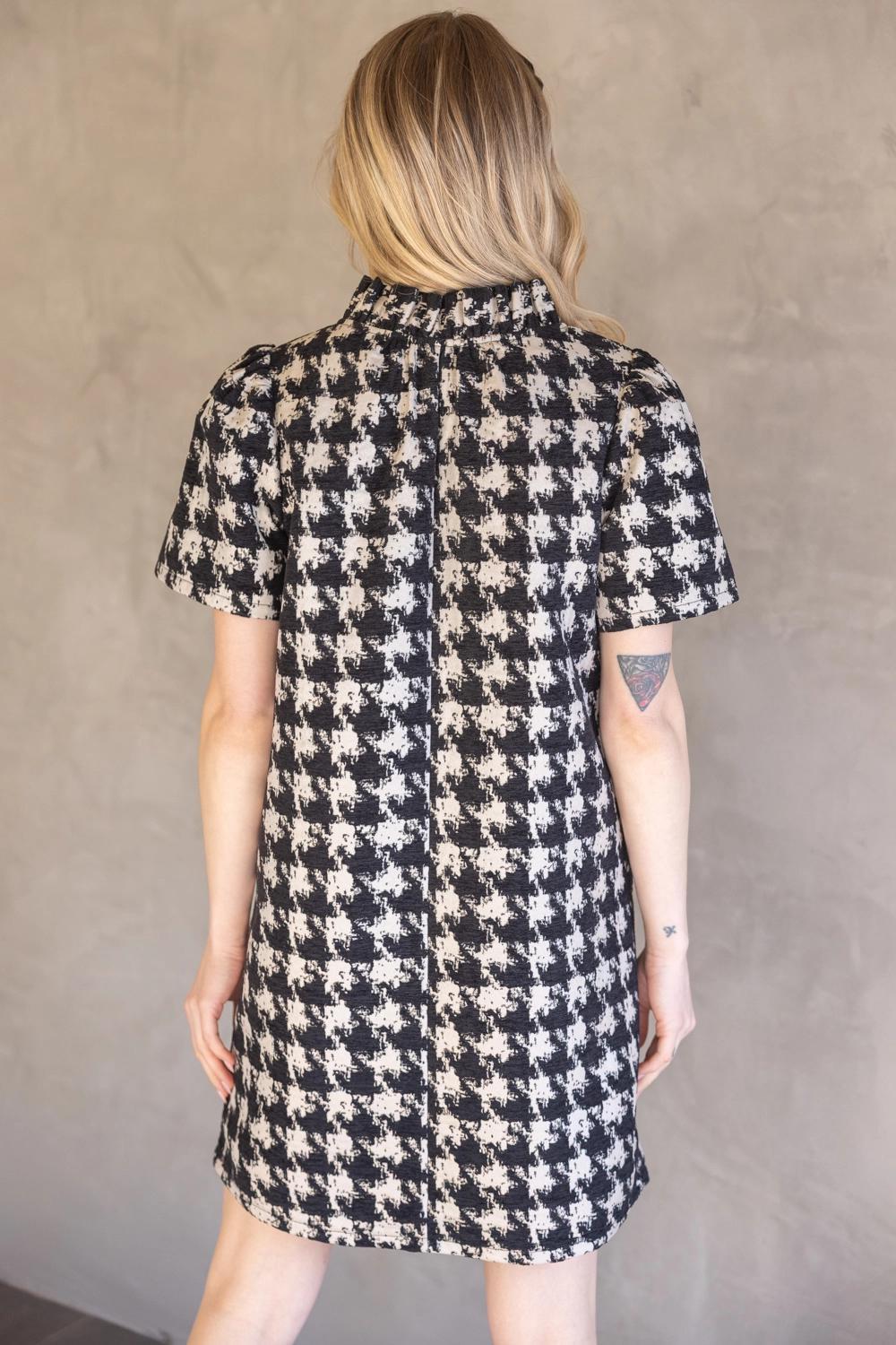 Houndstooth Velvet Ruffle v Neck Shift Dress
