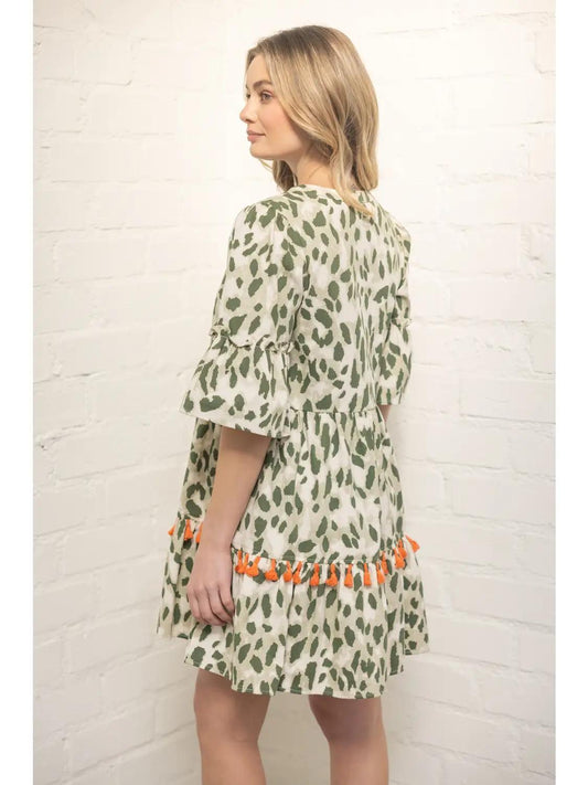 Tassle Trim Detailed Tiered Print Dress