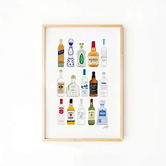 Boozy Bottles Illustration - Art Print, Bar Cart Decor