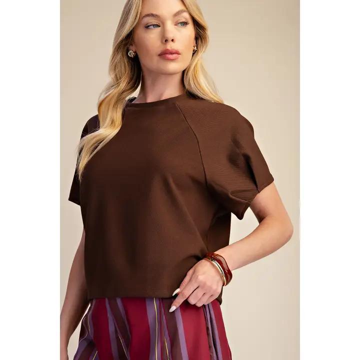 Round Neck Puff Short Sleeve Pullover Top- Brown