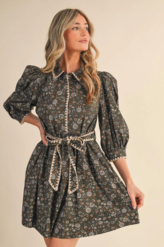 Blanket Stitch Puff Sleeve Floral Mini Dress