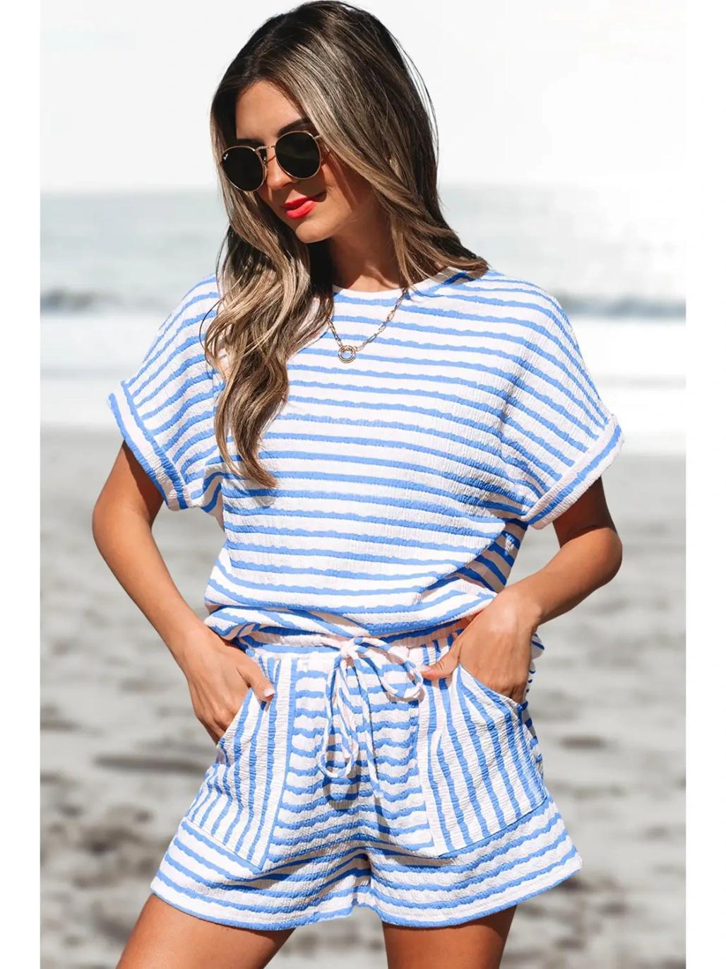 Stripe Knitted Top and Drawstring Shorts Set