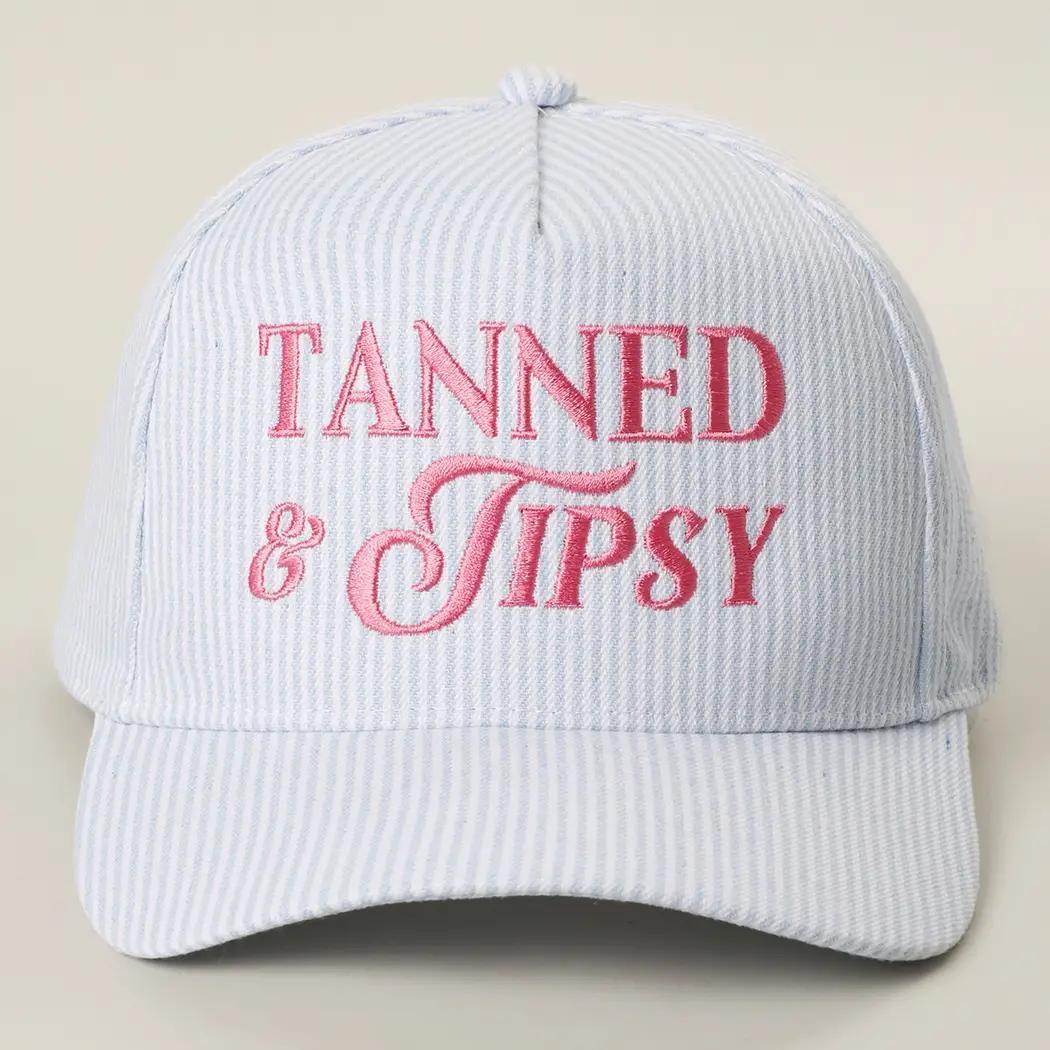 Tanned & Tipsy Embroidered Seersucker Stripe Trucker Hat