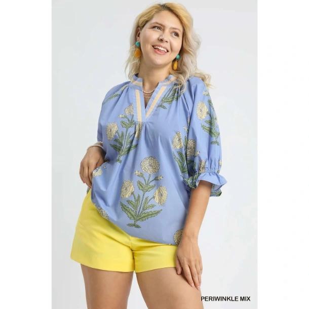 Plus Floral Poplin Puff Sleeve Blouse