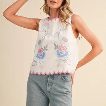 Floral Embroidery Scalloped Tank White