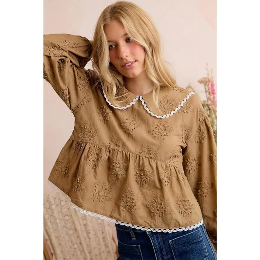 Peter Pan Collar Long Sleeve Blouse with Scallop Lace Trim