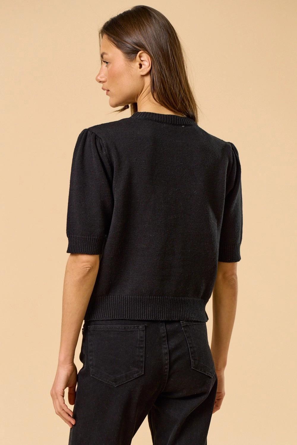 Floral Embroidered Short-Sleeve Sweater Top