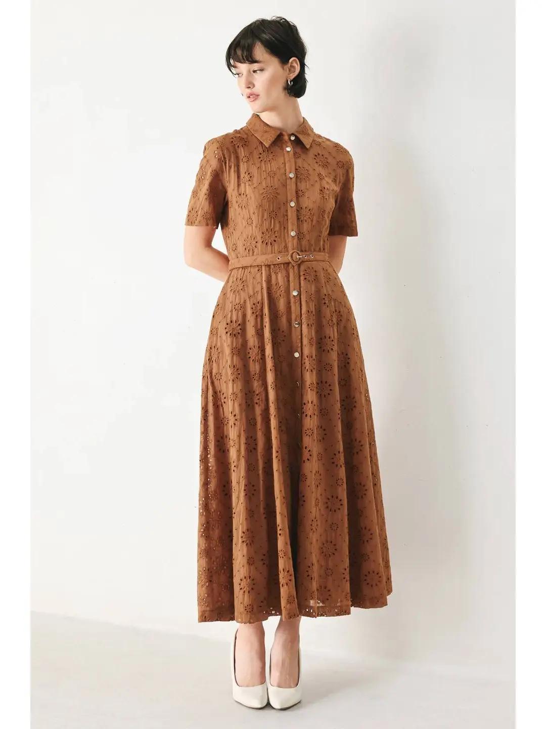 A Solid Woven Eyelet Midi Dress