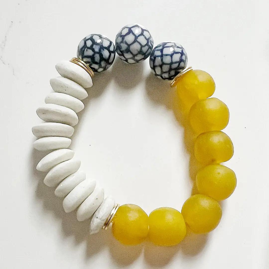 Recycled Glass Ceramic Chinoiserie Stretch Bracelet- Yellow
