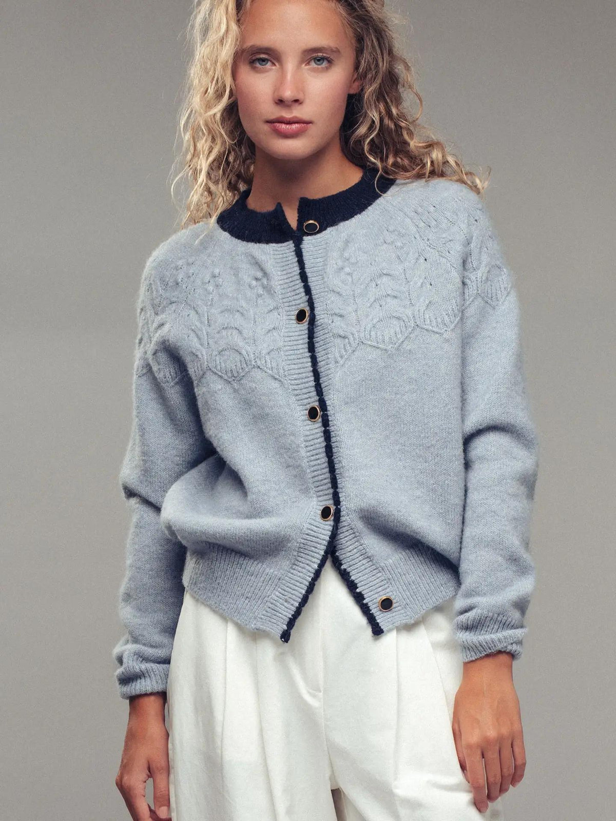 Textured Yoke Contrast Trim Knit Cardigan