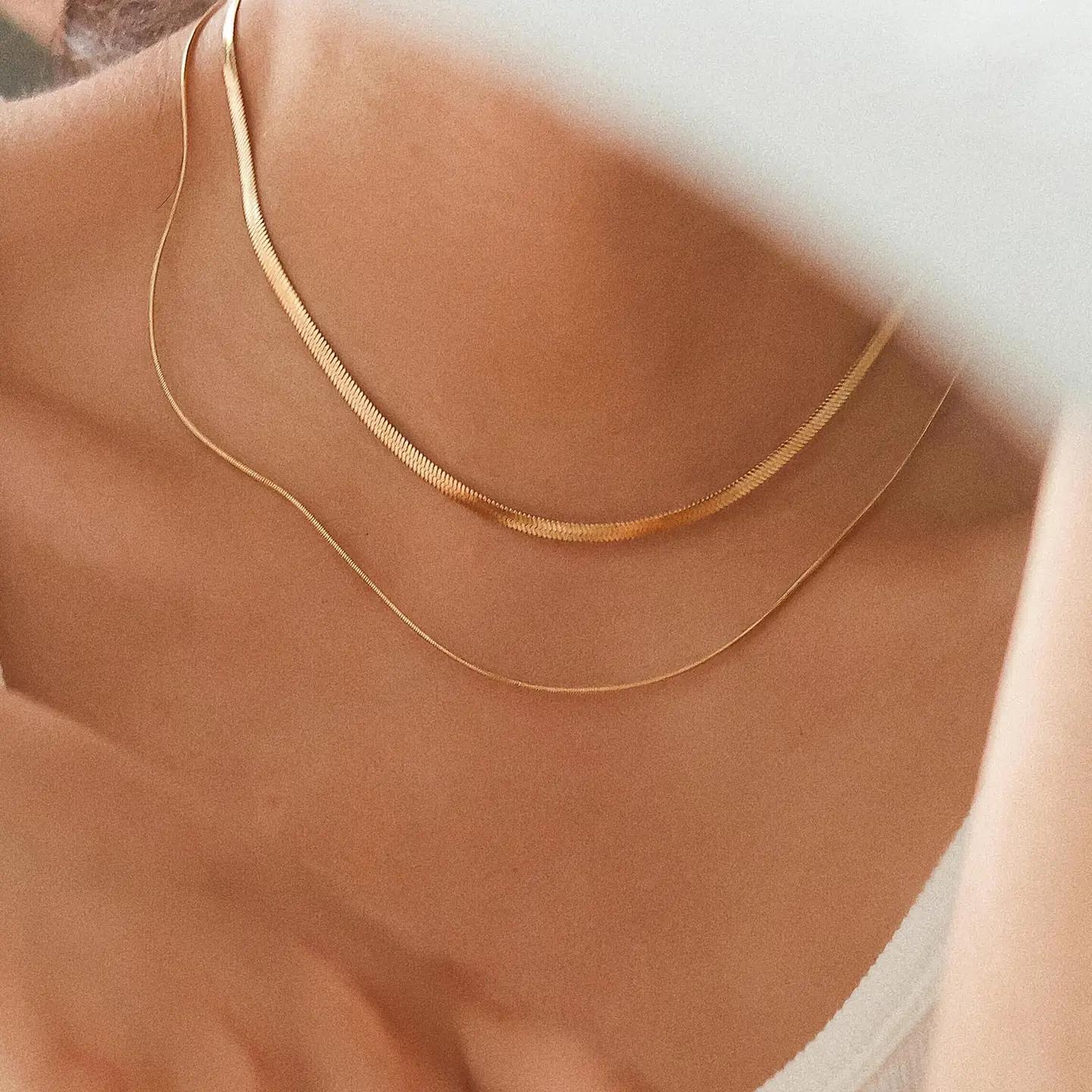 Jean 18K Gold Non-Tarnish Layered Flat Snake Chain Necklace