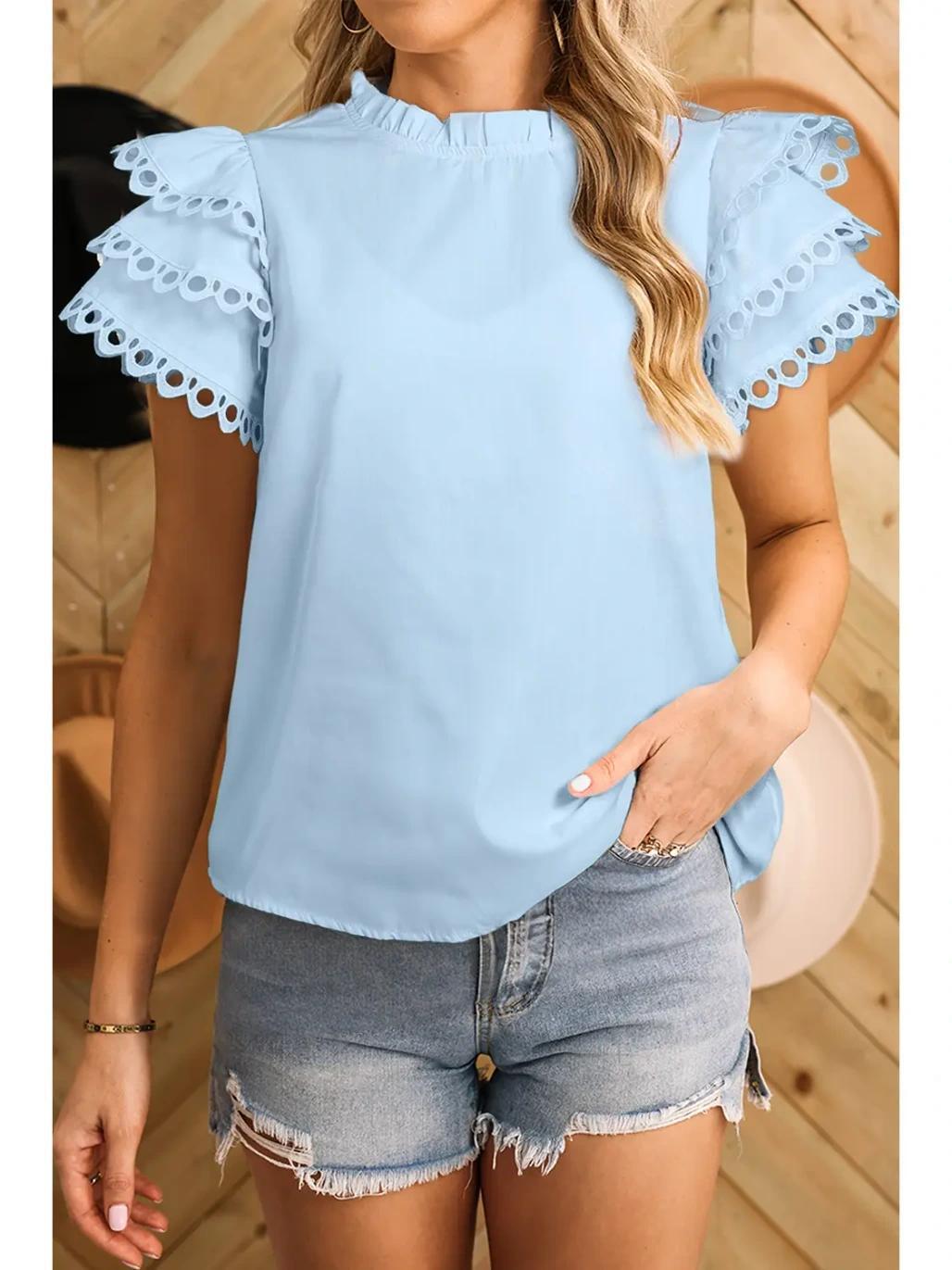 Women Layered Rickrac Cap Sleeve Filled Neck Blouse